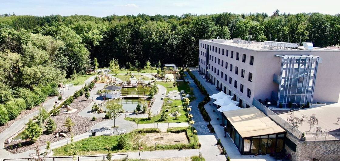 Aerial view of Doubrava, a specialist dementia care home near Prague, with its therapeutic garden